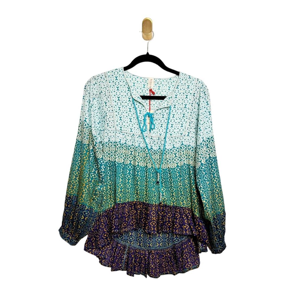NWT Raga Blue Printed Long Sleeve Peasant Top Tunic Small